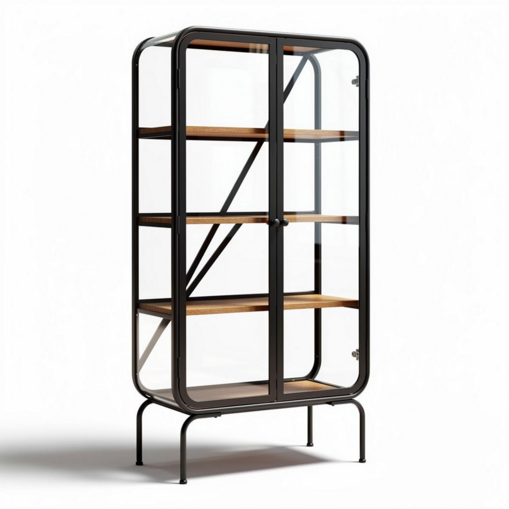 Vitrine kast van staal en glas met houten planken 80 x 40 x 180cm