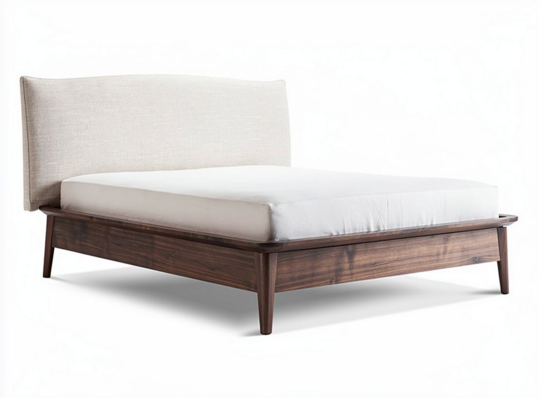 Houten bed met stoffen hoofdbord en afmetingen 200 x 160 x 50cm