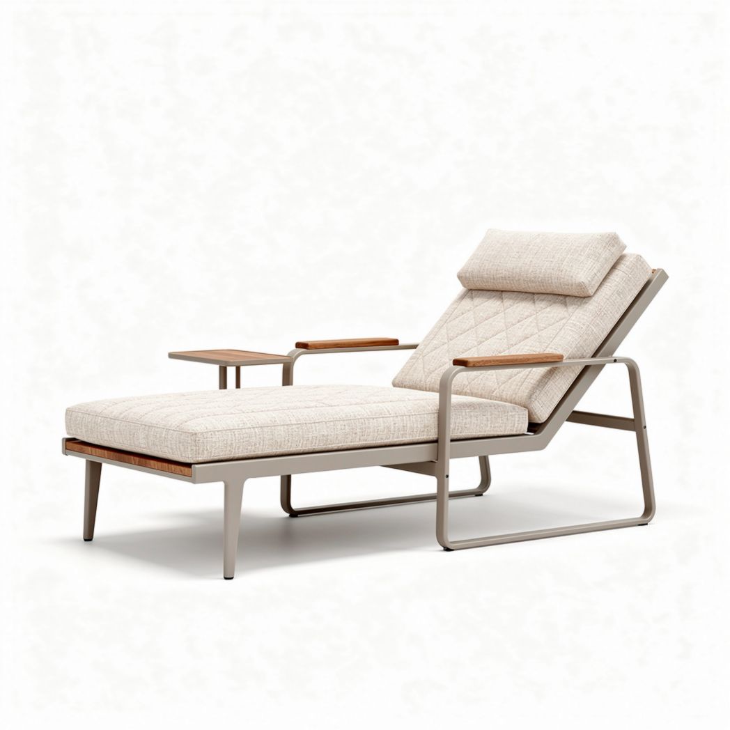 Loungestoel van stof met aluminium frame en houten armleuningen 100 x 80 x 75cm